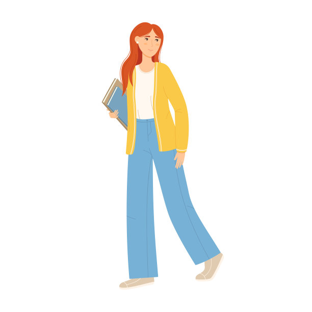 年轻女子拿着书和笔记本孤立在白色背景。微笑的学生走路，背着学生书。彩色平面矢量图图片下载