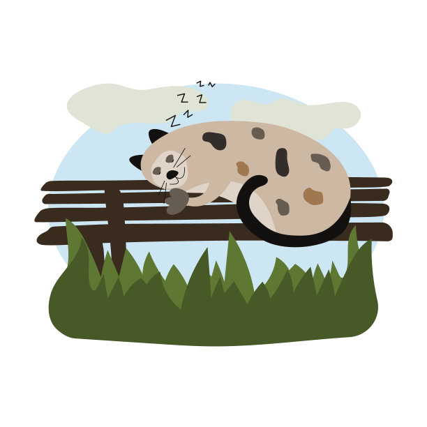 可爱和舒适的插图儿童书籍。滑稽的胖猫在公园的长椅上睡觉打呼噜。宠物在大自然中休息。猫的自我行走。农场背景的婴儿卧室，托儿所海报图片下载