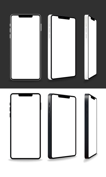 智能手机模型收藏。现实的银色和黑色模型智能手机与白色屏幕。设备前视图图片下载