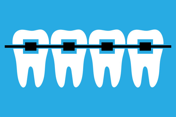 牙齿牙套。甚至是洁白健康的牙齿。蓝色背景上的平面图标图片下载