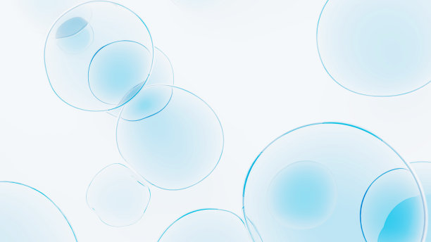 3D化妆品水滴背景，蓝色透明球漂浮在简单的白色背景，干净的抽象背景图片下载
