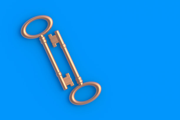 旧的钥匙。事业成功的象征。买房子。租赁财产。副本的空间。前视图。三维渲染图片下载