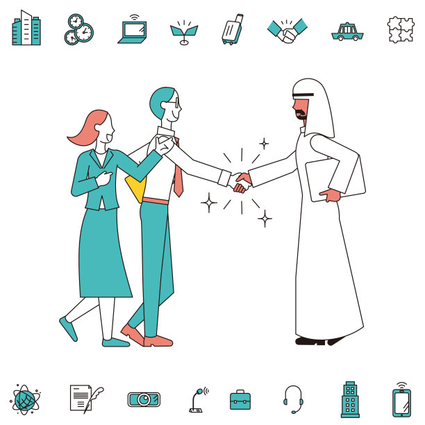 握手和图标集合的亚洲和阿拉伯商人图片下载