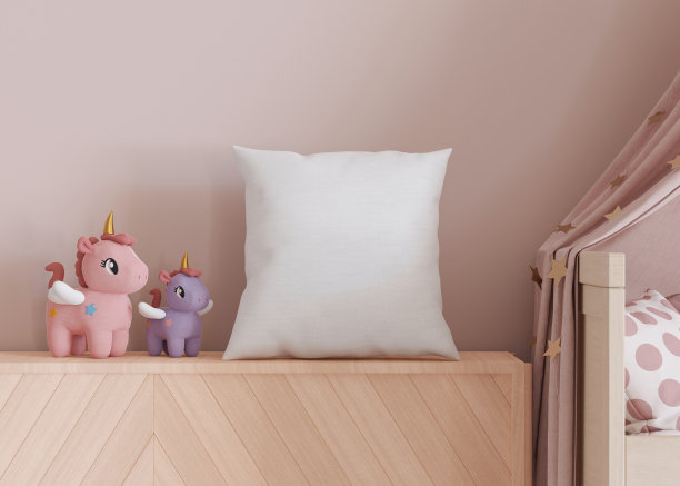 儿童房白色方形枕头。空白靠垫案例模板为您的图形设计演示。枕头套模拟打印，图案，个性化的插图。特写镜头。3 d渲染。图片下载