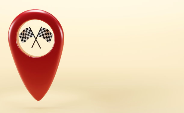 3D渲染的红色定位销与方格赛车双旗粉彩背景图片下载