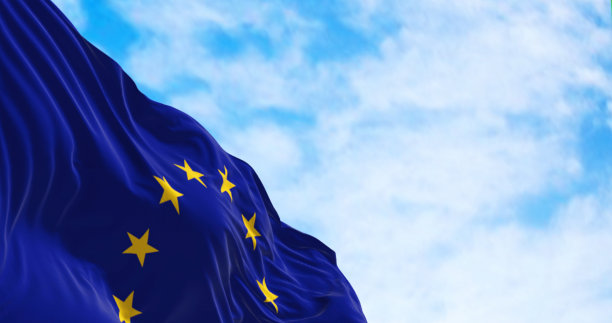欧盟旗帜在晴朗的日子里飘扬图片下载