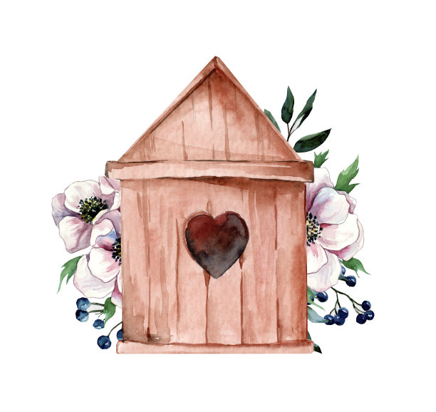 空的木制旧鸟笼。手绘水彩插图与粉红色的花图片下载