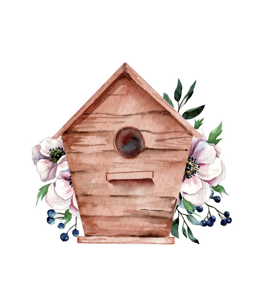 空的木制旧鸟笼。手绘水彩插图与粉红色的花图片下载