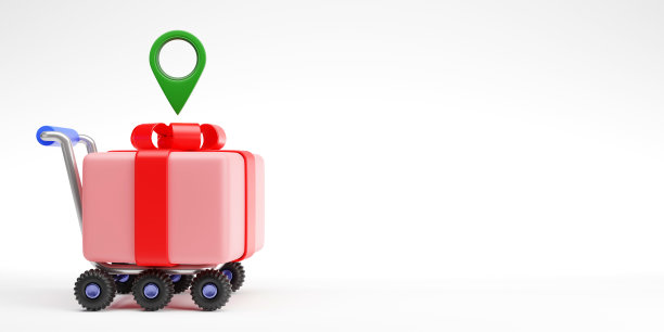 礼盒的3D渲染与针点在购物车上的白色背景图片下载