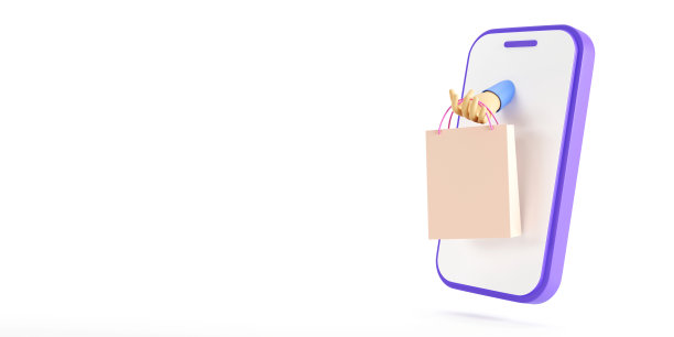 手持购物袋的3D渲染来自智能手机，网上购物或送货概念图片下载
