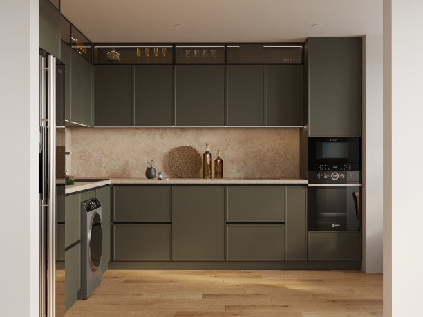 深色橄榄厨房室内设计绿色家具图片下载