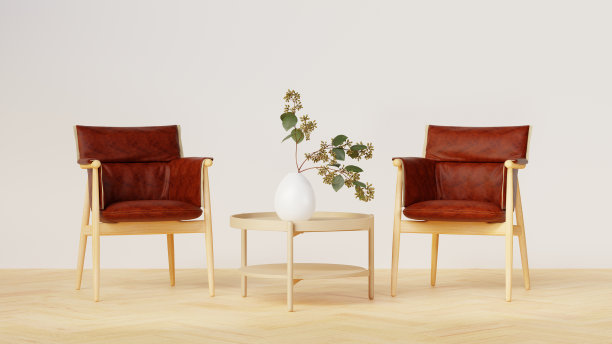 3D渲染复古皮革椅子花瓶在圆形木桌子丽芙图片下载