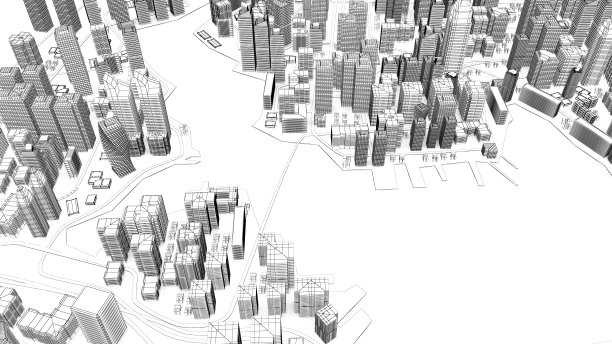 线框城市景观，低多边形的城市和建筑，在城市的商业区，一个高大的结构有河流和道路。, 3 d渲染图片下载