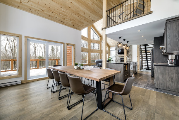 加拿大魁北克偏远地区的冬季小屋，带桑拿浴室，水疗中心，卧室，游泳池，客厅，梅萨宁，厨房和浴室的木屋图片下载