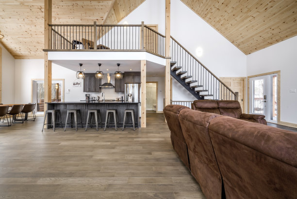 加拿大魁北克偏远地区的冬季小屋，带桑拿浴室，水疗中心，卧室，游泳池，客厅，梅萨宁，厨房和浴室的木屋图片下载