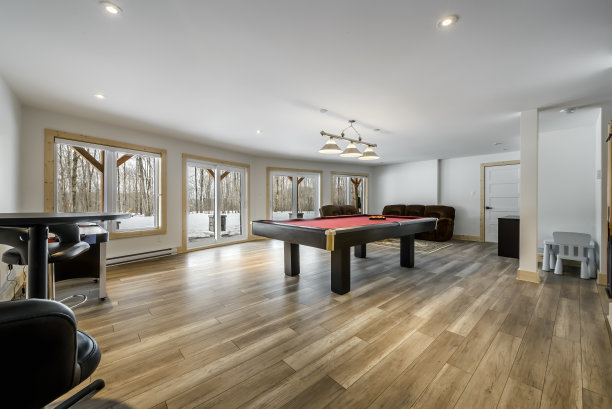 加拿大魁北克偏远地区的冬季小屋，带桑拿浴室，水疗中心，卧室，游泳池，客厅，梅萨宁，厨房和浴室的木屋图片下载