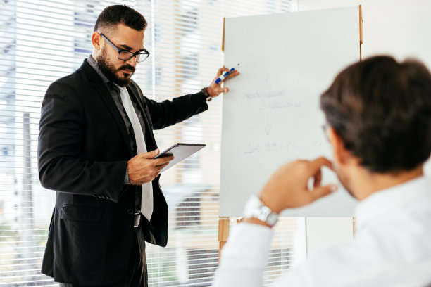 商人站在办公室的白板前做演讲图片下载