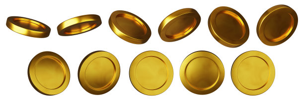 3D黄金飞行硬币逼真设定，渲染动画金属奖牌侧面，游戏UI赌场金钱图标。图片下载