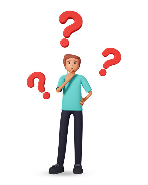 年轻人的3D插图和他周围的三个问号。男子角色犹豫地看着问号三维插图孤立在白色背景图片下载