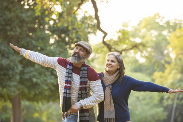 印度老年夫妇带着旅行袋在公园。图片下载