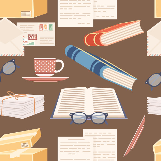 无缝模式的办公工具在邮局矢量插图在棕色背景图片下载