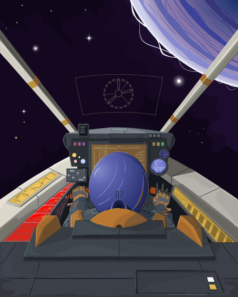 从飞船座舱看。太空飞行，未来技术，HUD，宇航员飞行员，开放空间，恒星，行星。科幻小说，卡通，漫画书，手绘。矢量插图。图片下载