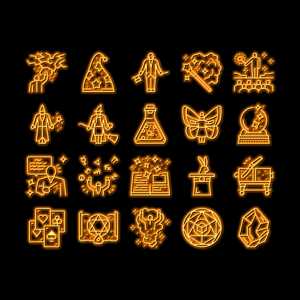 魔术表演和配件霓虹灯发光图标说明图片下载