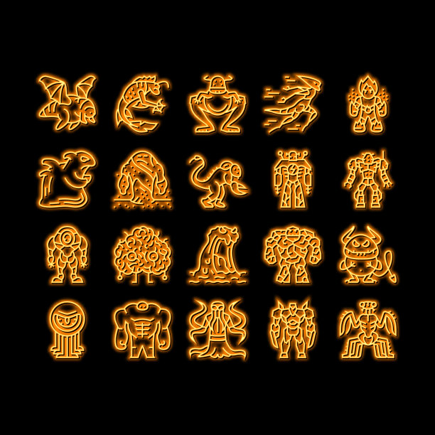 怪兽恐怖幻想人物霓虹灯图标插图图片下载