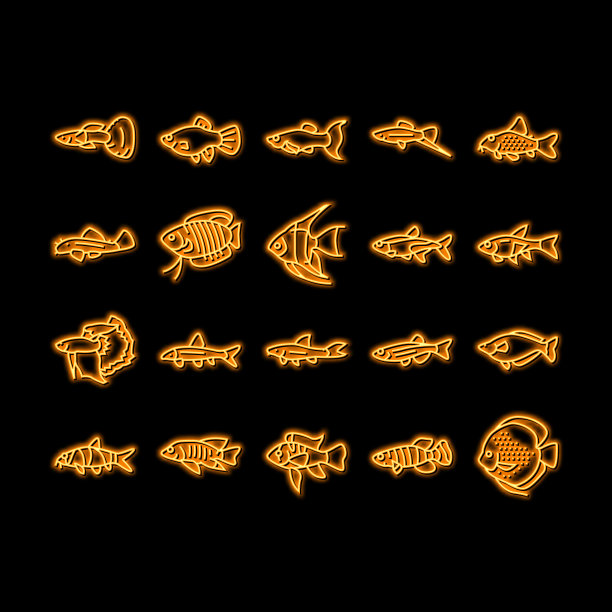 水族鱼热带动物霓虹灯发光图标插图图片下载