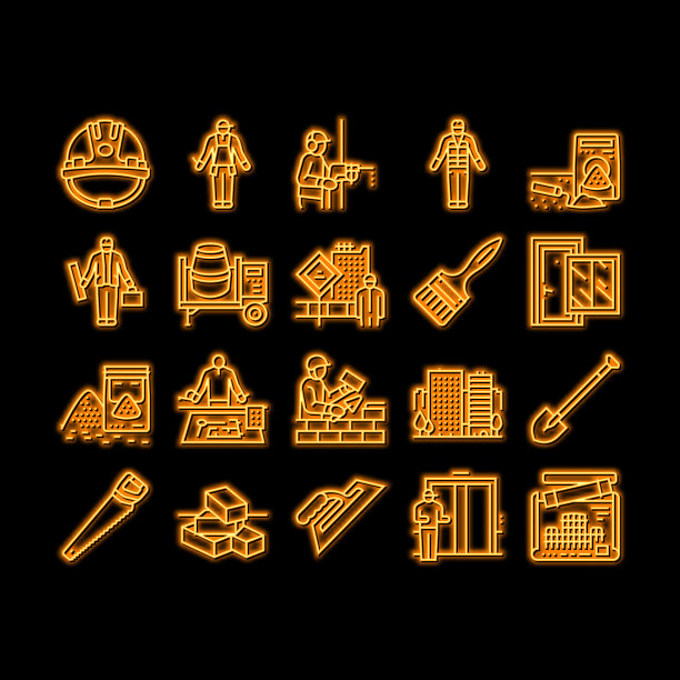 建筑和修复霓虹灯发光图标说明图片下载