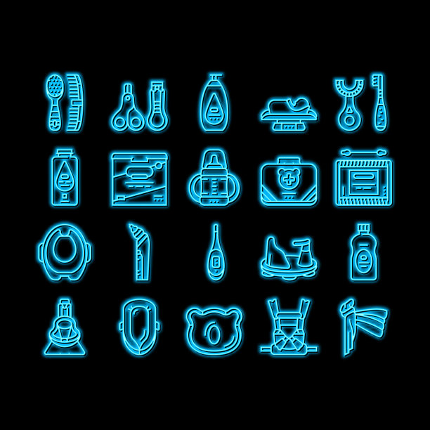 婴儿配件和设备霓虹灯发光图标插图图片下载