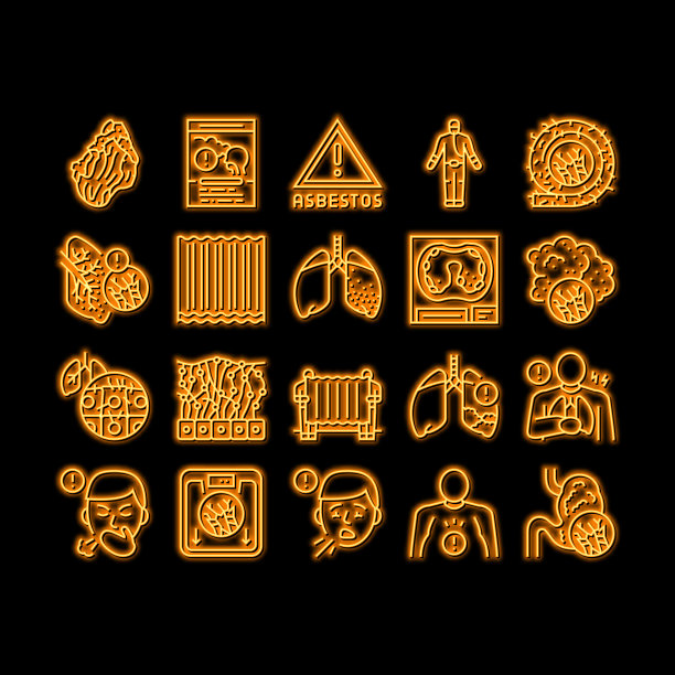 石棉材料和问题霓虹灯发光图标插图图片下载