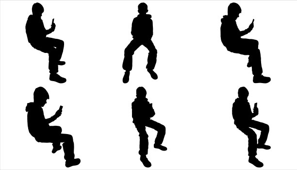 有移动设备的男孩。黑色的轮廓是孤立的。青少年和手机。这个少年坐着，用一只手拿着手机，看着屏幕。侧视图。人们使用智能手机。图片下载