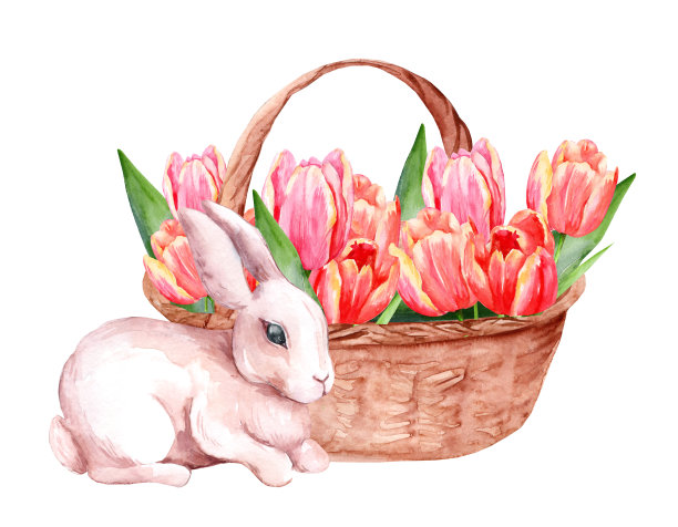 有郁金香和兔子的柳条篮子图片下载