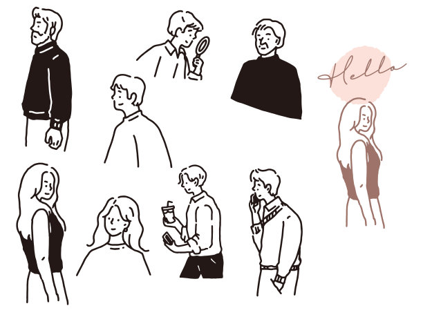 黑白单色线条插画，手写时尚杂志可爱人物女孩图片下载