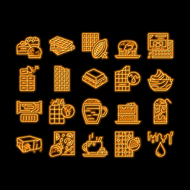 巧克力甜点和饮料霓虹灯发光图标插图图片下载