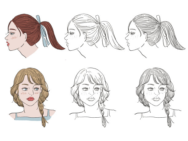 黑白、单调和线条画插图。手写，时尚，杂志，时尚，可爱，人，女孩。图片下载