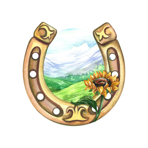 马蹄铁与向日葵在一个山景观的背景。水彩画的手。用于印刷，贴纸图片下载