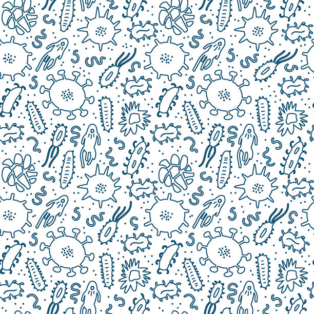 细菌和病菌轮廓图案。白色背景上分离出重复的微生物。图片下载