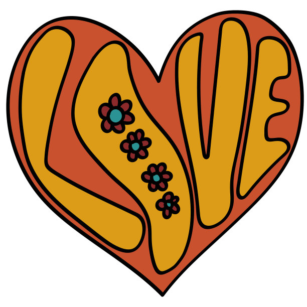 爱心字体在70年代或60年代复古的迷幻风格。爱，和平1970图标。七十年代绝妙的鲜花。卡通儿童手绘矢量插图。图片下载