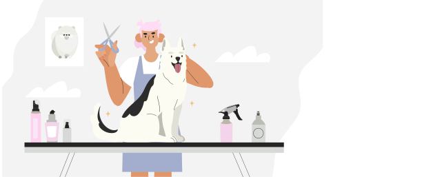 美容师给狗理发。妇女照顾家畜或宠物-吹干，剪毛，清洗。彩色矢量插图在平面卡通风格。图片下载