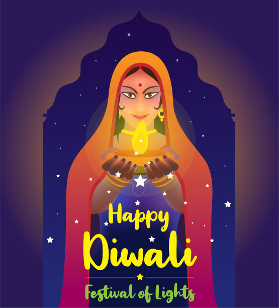 矢量传统服装印度妇女手持美丽的diya在排灯节晚上，印度油灯与火焰，庆祝快乐的排灯节或Deepavali的意思节日的灯光图片下载