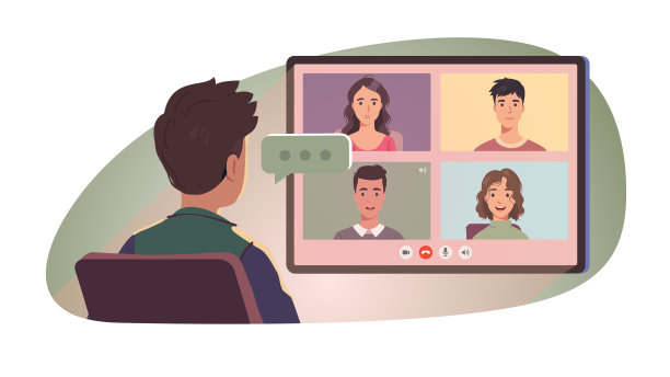 男人在大电脑屏幕上通过视频会议与朋友或同事交谈。通过在线聊天远程会议的人员。虚拟距离通信概念平面矢量说明图片下载