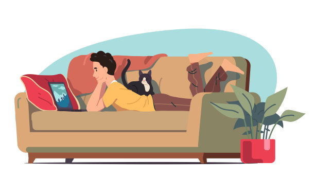 男子在家里放松地看电脑电影。人使用笔记本电脑躺在舒适的沙发上与猫宠物。网络电影娱乐趣味，休闲放松，家庭舒适平面矢量插画图片下载