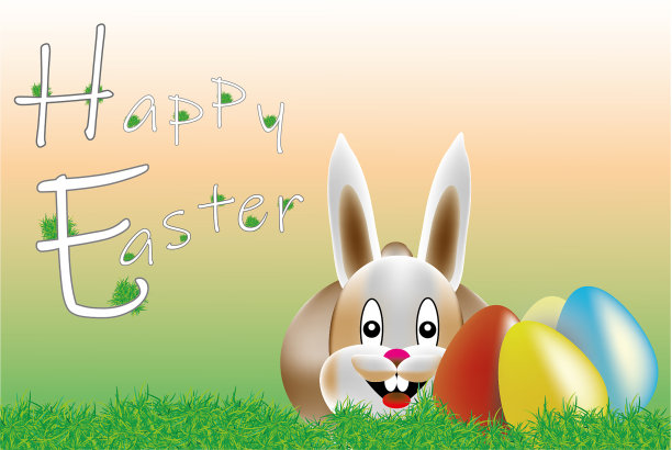 有兔子和鸡蛋的彩色明信片。图片下载