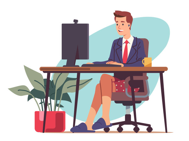 商务人士坐在办公桌前，在台式电脑上远程工作。经理穿着正式的西装，在遥远的家里办公。在线交流，自由职业者，远程工作场所平面矢量插图图片下载