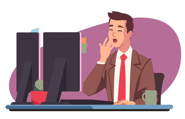 无聊的商务人员在电脑桌前拖延时间。疲惫困倦的员工打哈欠的人在办公室工作到很晚。拖延，懒惰，过度工作问题平面矢量插图图片下载