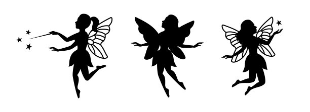 美丽的仙女剪影。不同姿势的搞笑仙女。有翅膀的生物。穿着可爱裙子的神话童话人物。美丽的仙女图片下载
