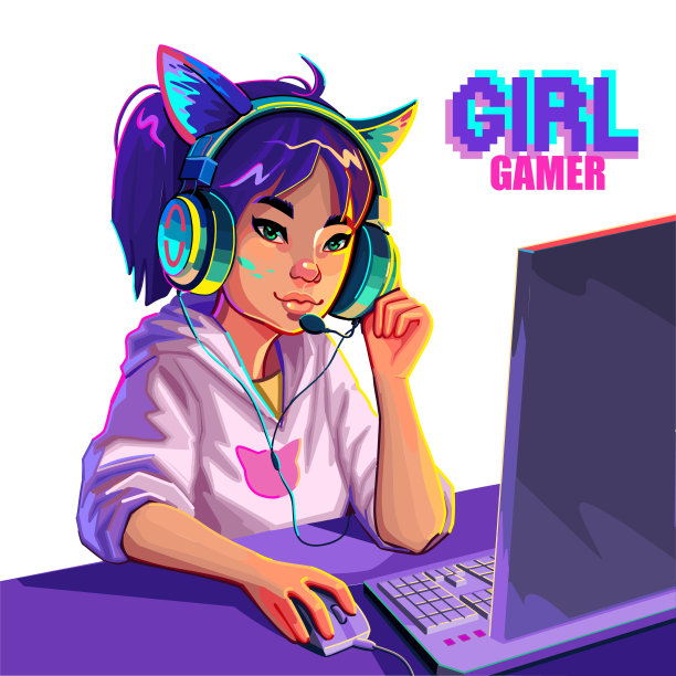 亚洲女孩游戏玩家或带猫耳朵耳机坐在电脑前。图片下载