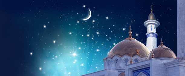 斋月卡里姆节背景，清真寺顶上的新月图片下载
